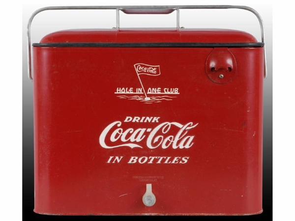 COCA-COLA METAL COOLER W/ HOLE IN 1 CLUB GRAPHICS.