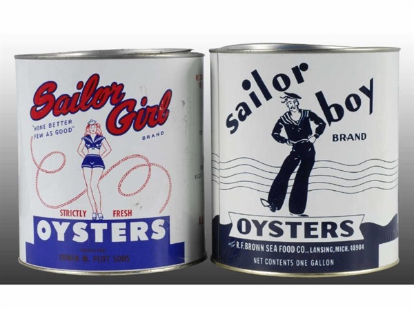 LOT OF 2: SAILOR GIRL & BOY 1-GALLON OYSTER CANS. 