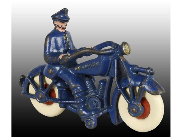 CAST IRON BLUE CHAMPION POLICE MOTORCYCLE TOY.    