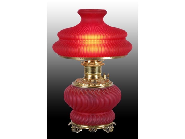 RED SATIN GLASS GONE WITH THE WIND LAMP.          