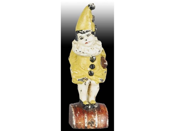 GIRL ON BARREL IN CLOWN OUTFIT CAST IRON DOORSTOP.