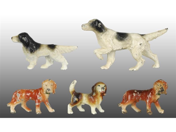 LOT OF 5: CAST IRON HUNTING DOGS.                 