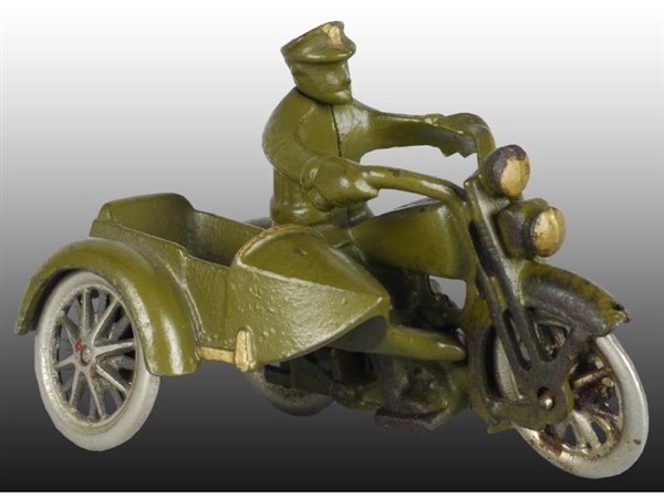 CAST IRON HUBLEY MOTORCYCLE WITH SIDECAR TOY.     