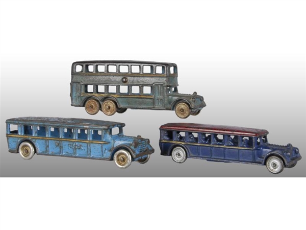 LOT OF 3: CAST IRON BUS TOYS.                     