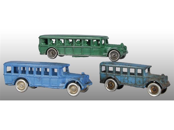 LOT OF 3: CAST IRON TOY BUSES.                    