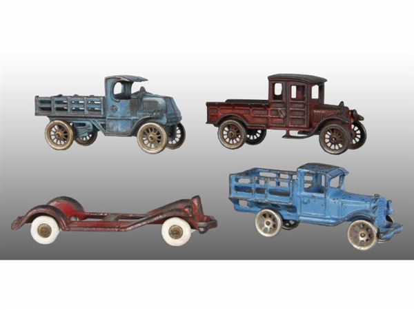 LOT OF 3: TOY CAST IRON TRUCKS & SEPARATE CHASSIS.