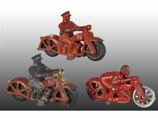 LOT OF 3: SMALL CAST IRON HUBLEY MOTORCYCLE TOYS. 