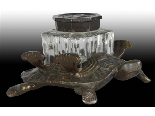 CAST IRON & GLASS TURTLE INKWELL.                 