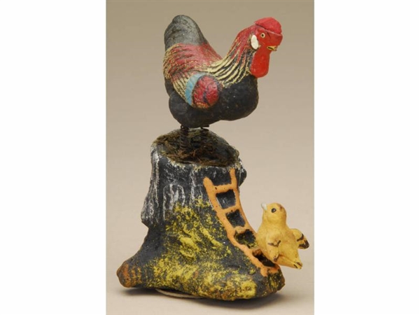 ROOSTER & CHICK ON LOG CANDY CONTAINER            