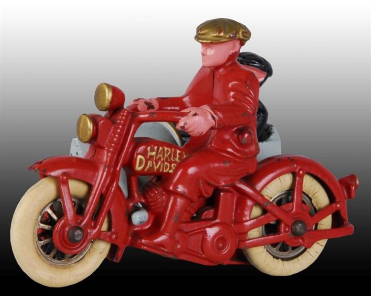 CAST IRON HUBLEY HARLEY MOTORCYCLE SIDECAR TOY.   