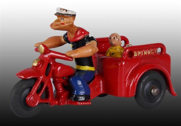 CAST IRON HUBLEY POPEYE SPINACH MOTORCYCLE TOY.   