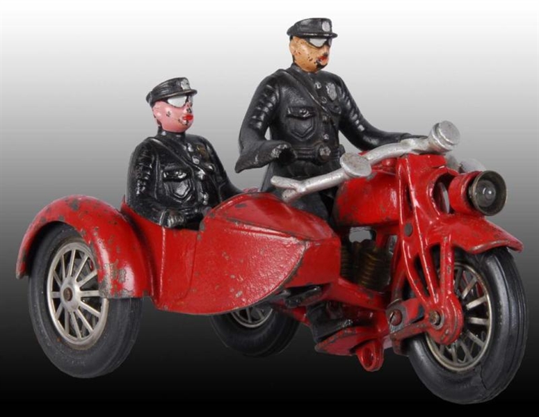 CAST IRON HUBLEY SIDECAR MOTORCYCLE TOY.          