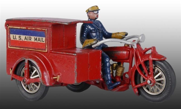 CAST IRON HUBLEY AIR MAIL MOTORCYCLE SIDECAR TOY. 