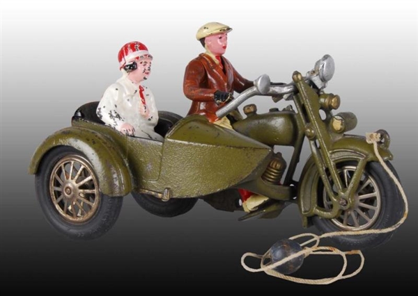 CAST IRON HUBLEY HARLEY SIDECAR MOTORCYCLE TOY.   