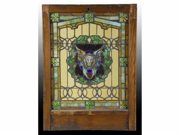 ANTIQUE STAINED AND LEADED GLASS WINDOW.          