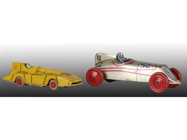 LOT OF 2: TIN WIND-UP AMERICAN MADE RACE CAR TOYS.