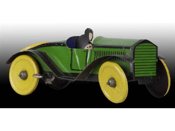 STRAUSS TIN WIND-UP GREEN RACE CAR TOY.           