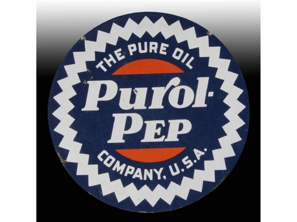 2-SIDED PORCELAIN PUROL PEP ROUND SIGN.           