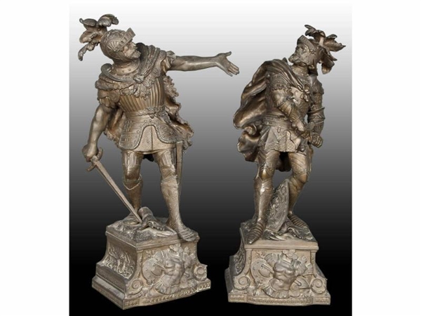 PAIR OF WHITE METAL STATUES OF WARRIORS IN ARMOR. 