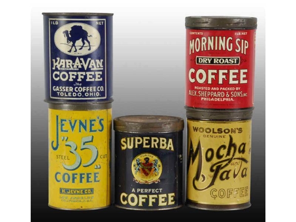 LOT OF 5: ADVERTISING COFFEE TINS.                