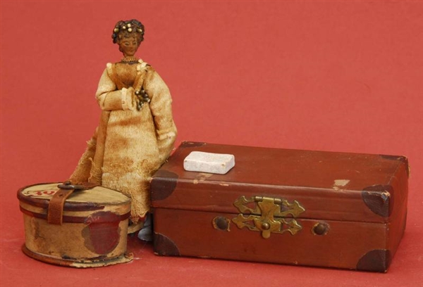 LOT: SUITCASE WITH CLOTH DOLL & HAT BOX           