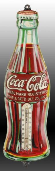 COCA-COLA EMBOSSED TIN BOTTLE THERMOMETER.        