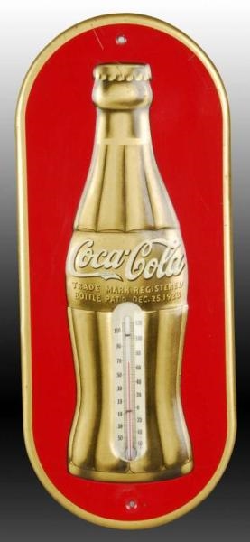 COCA-COLA EMBOSSED TIN THERMOMETER- GOLD BOTTLE.  