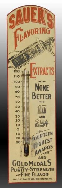 SAUERS EXTRACT DIE-CUT WOODEN THERMOMETER.       