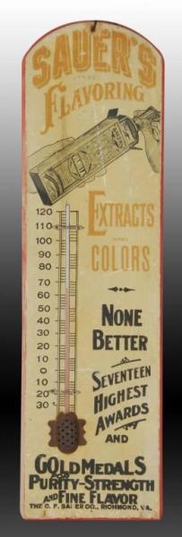 SAUERS EXTRACTS WOODEN THERMOMETER.              