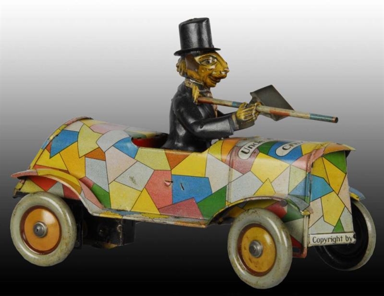 GERMAN TIN WIND-UP UNCLE WIGGILY CRAZY CAR TOY.   