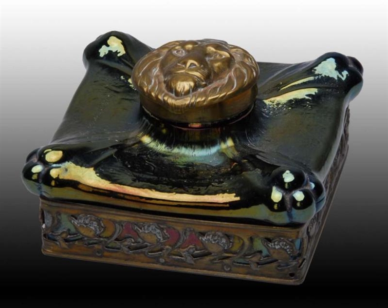 ANTIQUE ART GLASS INKWELL WITH LION CAP.          