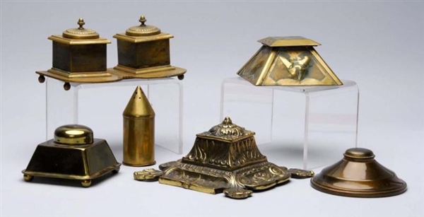 LOT OF 6: BRASS TINTED ANTIQUE INKWELLS.          