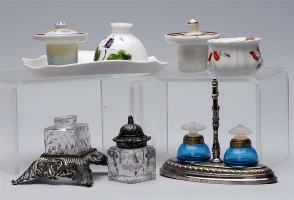LOT OF 6: METAL, PORCELAIN AND GLASS INKWELLS.    