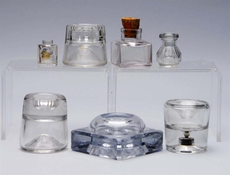 LOT OF 7: GLASS AND LEAD CRYSTAL INKWELLS.        