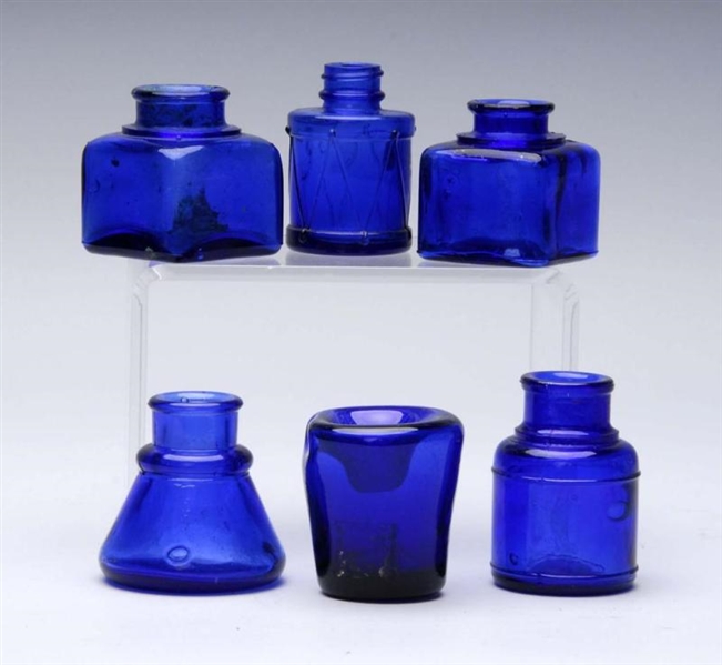 LOT OF 6: COBALT BLUE COLORED GLASS INKWELLS.     