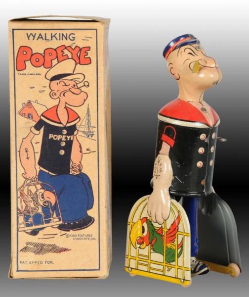 MARX TIN WALKING POPEYE WITH PARROT CAGES TOY.    