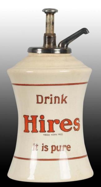 HIRES ROOT BEER HOURGLASS CERAMIC SYRUP DISPENSER.