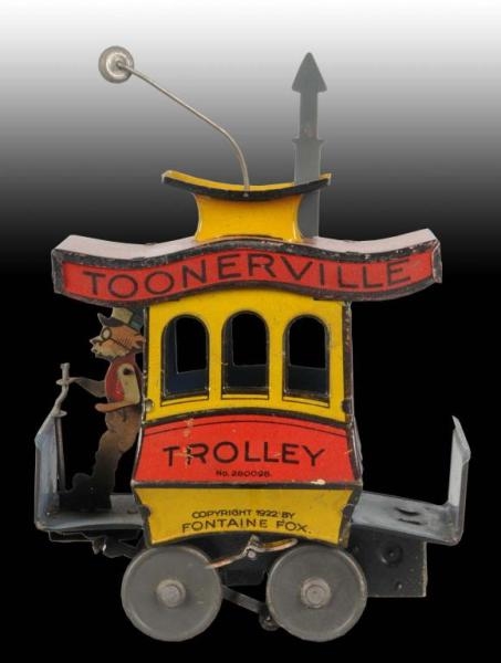 GERMAN TIN WIND-UP NIFTY TOONERVILLE TROLLEY TOY. 