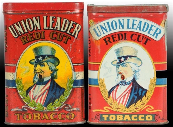 LOT OF 2: UNION LEADER VERTICAL TOBACCO TINS.     