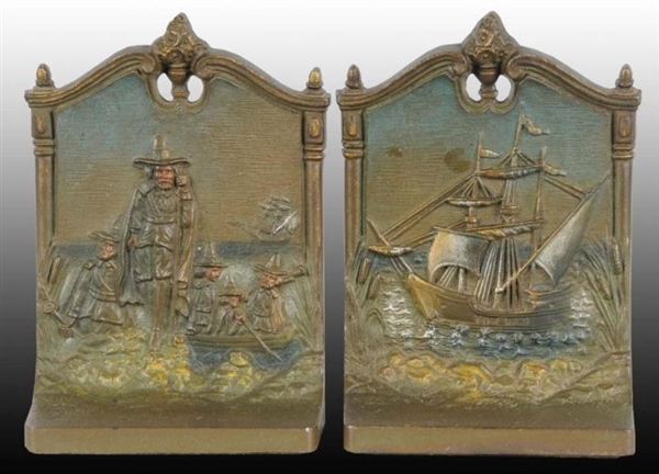PILGRIM AND MAYFLOWER SHIP CAST IRON BOOKENDS.    