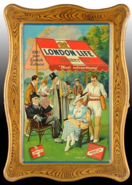SELF FRAMED TIN SIGN FOR LONDON LIFE CIGARETTES.  