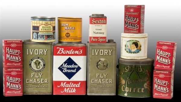 LOT OF 12: ASSORTED TIN CANS.                     