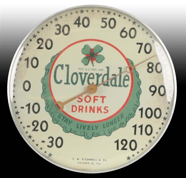 CLOVERDALE SOFT DRINKS METAL & GLASS THERMOMETER. 