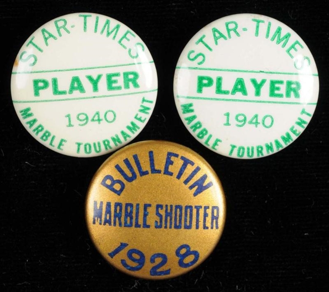 LOT OF 3: MARBLES METAL TOURNAMENT BUTTONS.       