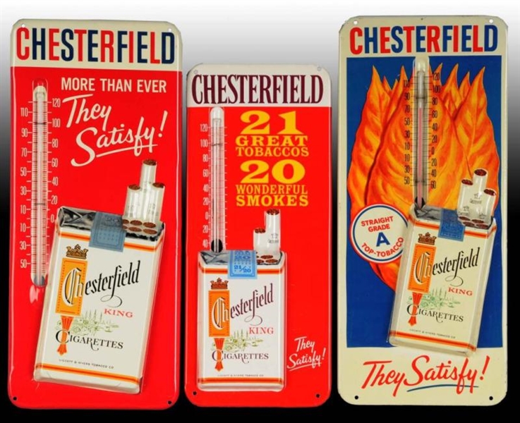 LOT OF 3: CHESTERFIELD CIGARETTES THERMOMETERS.   
