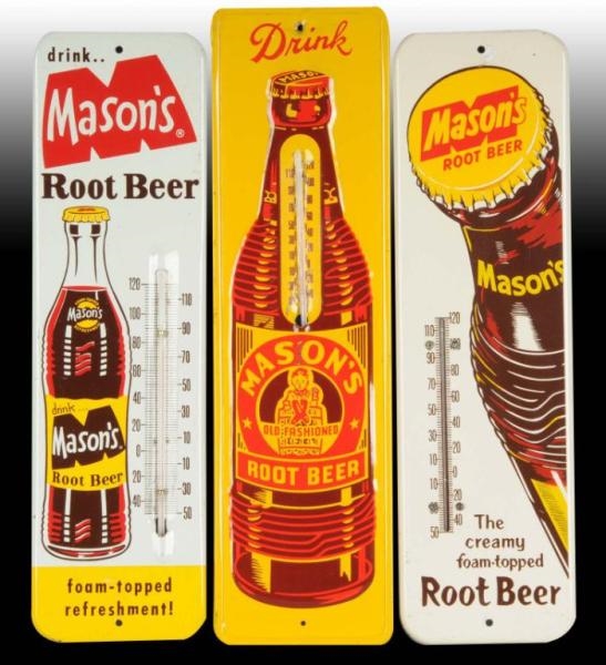 LOT OF 3: MASONS ROOT BEER TIN THERMOMETERS.     