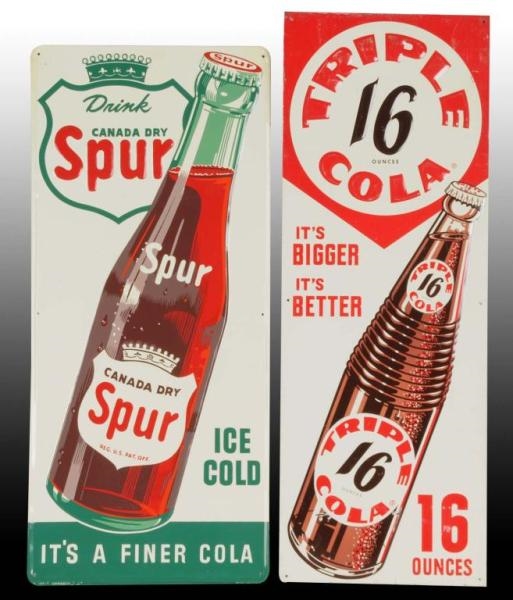 LOT OF 2: VERTICAL EMBOSSED TIN BOTTLE SIGNS.     