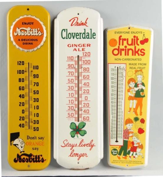 LOT OF 3: ASSORTED SODA RELATED TIN THERMOMETERS. 