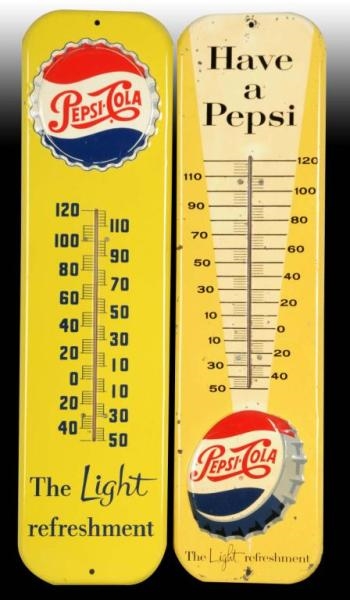LOT OF 2: PEPSI-COLA EMBOSSED TIN THERMOMETERS.   