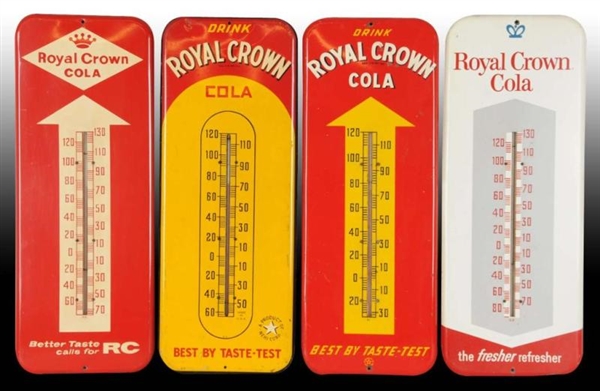 LOT OF 4: ASSORTED RC COLA TIN THERMOMETERS.      
